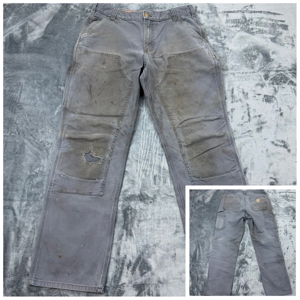 Carhartt Double Knee Distressed Thrashed Duck Work‎ Pants Gray 34x34